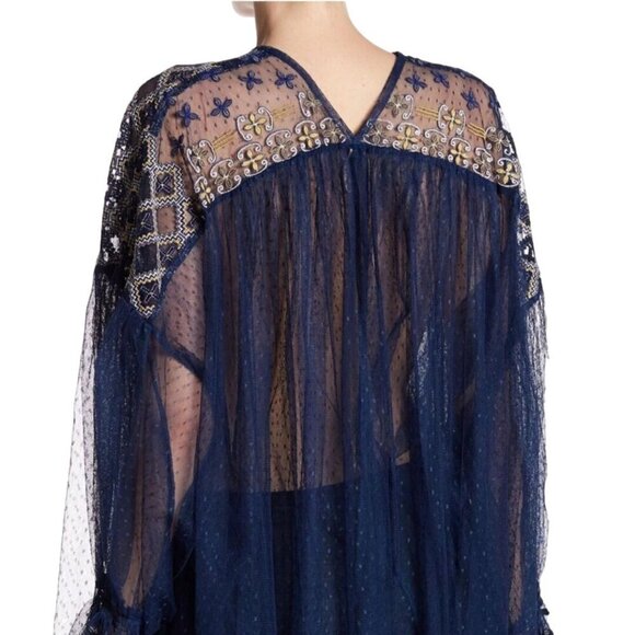 Free People Joyride Sheer Navy Bohemian Tulle Embroidered Top Size S - Picture 8 of 14